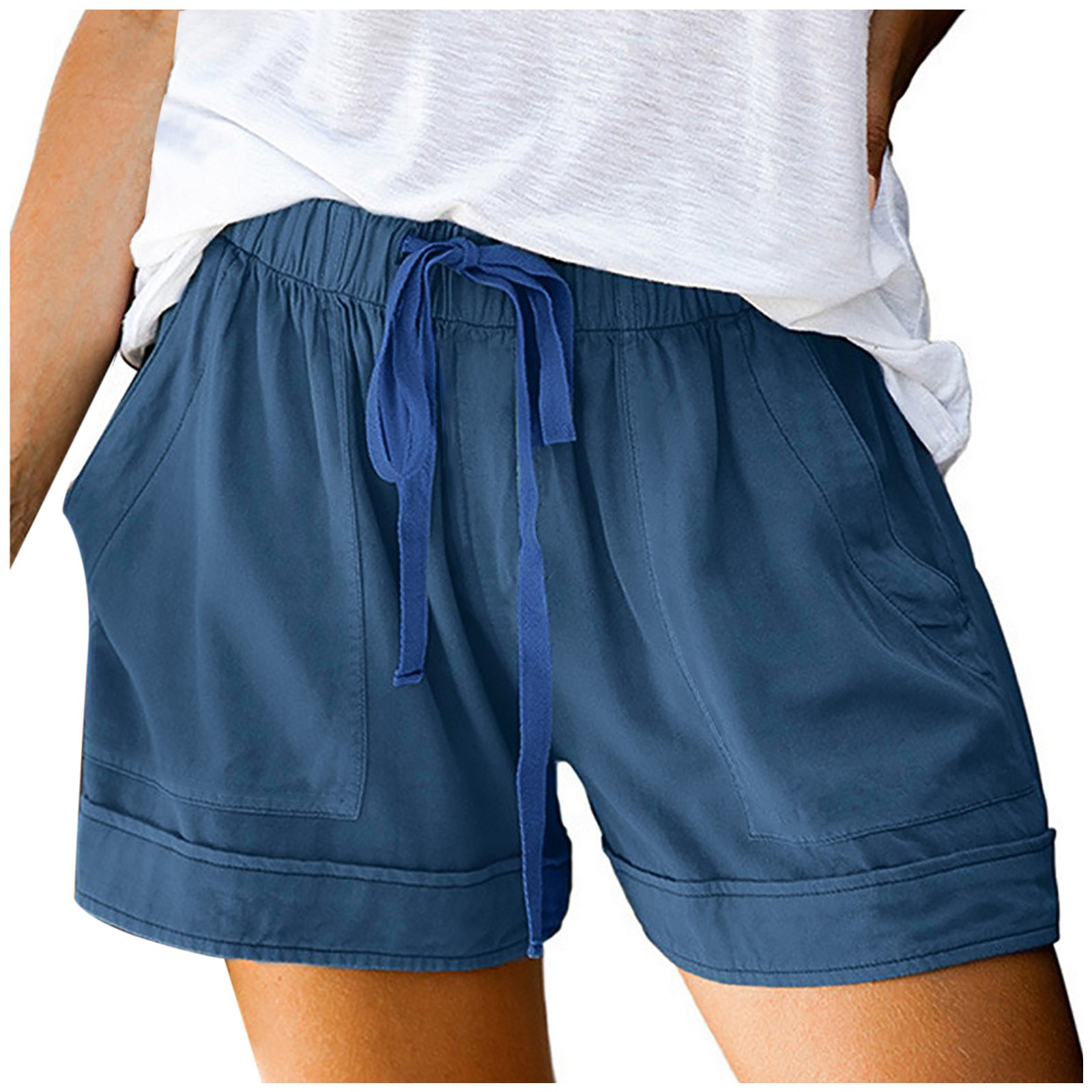 thumbnail image 2 of Pantalones cortos cómodos con cordón y cintura elástica para mujer - Pantalones holgados de color liso con bolsillos - Ropa informal de verano de poliéster, 2 of 8